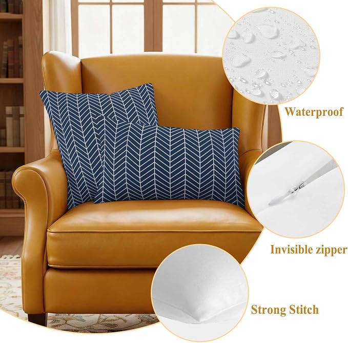 Outdoor Waterproof Throw Pillow Covers Set of 2 Navy Blue Chevron Stripes Pillowcases 24x24 Inches Modern Geometric Texture Decorative Pillows Cushion Case Patio Pillows for Couch Bed Chair Garden