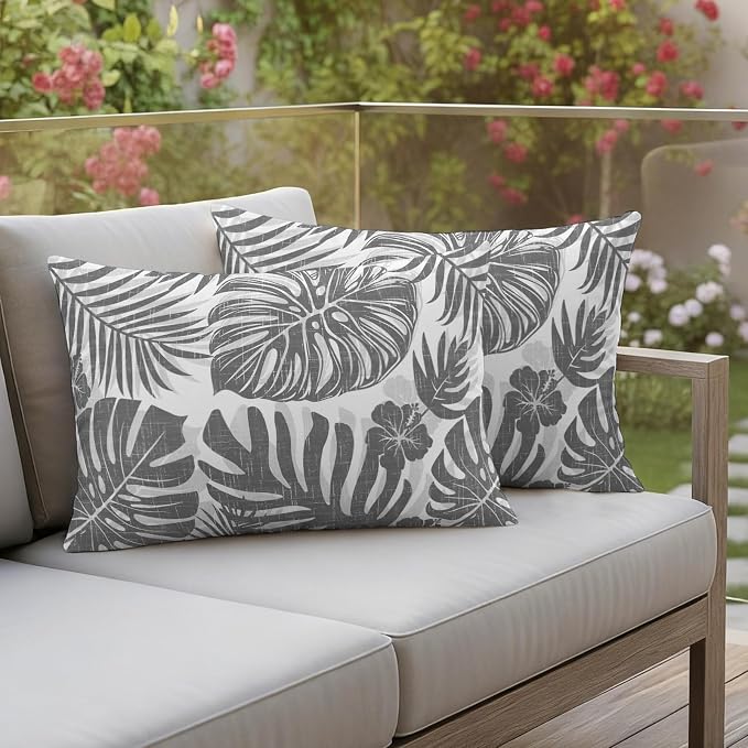 Grey Palm Leaves Outdoor Pillow Covers 20"x12" Set of 2, Tropical Botanical Minimalist Modern Waterproof Throw Pillow Covers for Patio Furniture, Decorative Cushion Covers for Porch