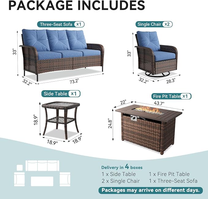 LazySunsets 7 Piece Outdoor Patio Furniture Set with 44'' Fire Pit Table, Wicker Rattan Outdoor Furniture with High Back Swivel Rocker Chairs, Outdoor Sofa Set with Thick Cushions, Navy Blue