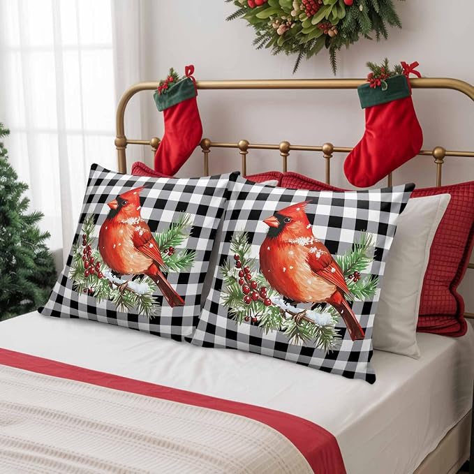 Vandarllin Christmas Outdoor Throw Pillows Covers 18X18 Set of 2 Waterproof Red Cardinals Decorative Zippered Lumbar Cushion Covers for Patio Furniture, White Black Buffalo Check Plaid