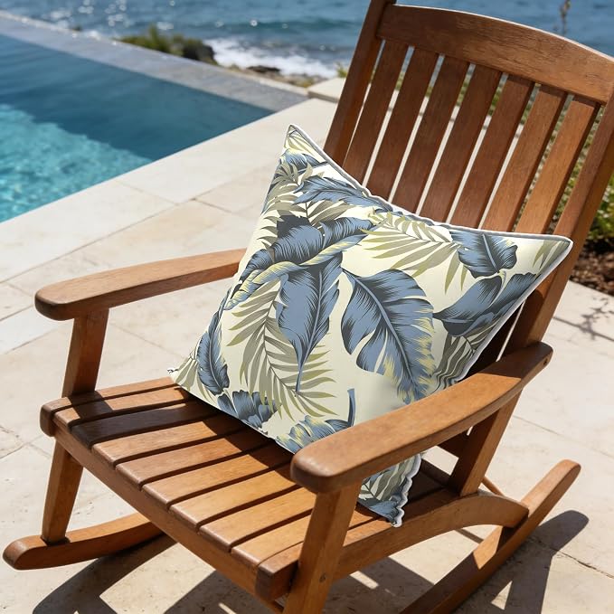 LVTXIII Outdoor Throw Pillows 18x18 Patio Waterproof Square Pillows with Piping Fade Resistant Accent Pillow for Spring Summer Garden Decoration, Set of 2, ‌Lush Palm Blue