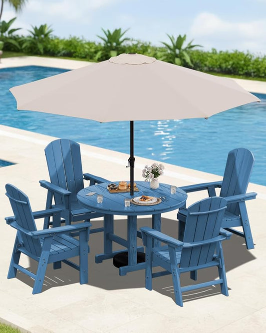 SERWALL 6-Piece Patio Dining Sets with Umbrella, HDPE Outdoor Table and Chairs Furniture Set, 45" Round Dining Table & 4 Adirondack Dining Chairs & 1 9FT Umbrella, Navy(Not Include Umbrella Base)