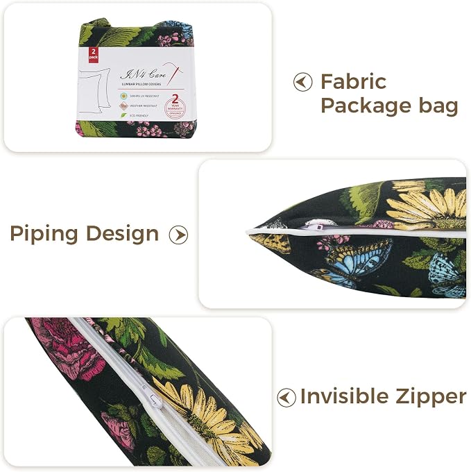 Lumbar Pillow Covers Set of 2, Outdoor Indoor Waterproof Patio Lumbar Pillowcase Shell 12x20 Inch, Rectangular Cushion Case for Couch Sofa Garden Farmhouse-Black Butterfly Flower