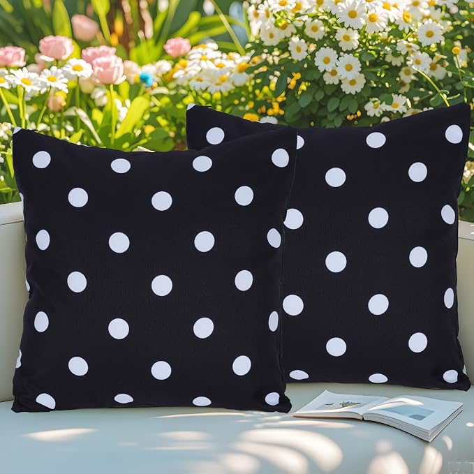 Eternal Beauty 20X20'' Set of 2 Outdoor Decorative Pillow Covers Waterproof Outdoor Pillow Covers for Spring Summer Patio Throw Pillows, 20X20 inches, Black Polka Dot