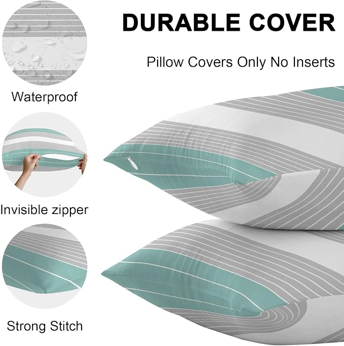 Turquoise Grey Stripe Outdoor Pillow Covers Waterproof, All Weather Cushion Case Set of 2, Modern Art Horizontal Striped Decorative Pillowcases for Sofa Couch Bed Decor Patio Furniture 16"x16"