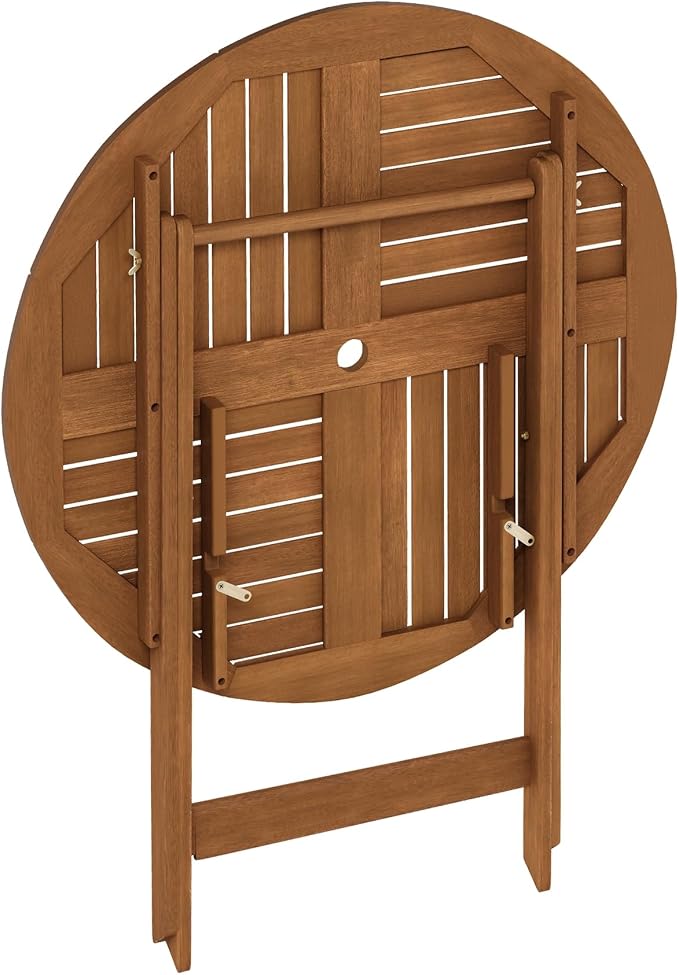 Furinno TIOMAN Folding Patio Dining Table, Outdoor Wooden Table with Umbrella Hole, Round 4-Person Patio Table for Garden, Porch, Backyard, Light Wood