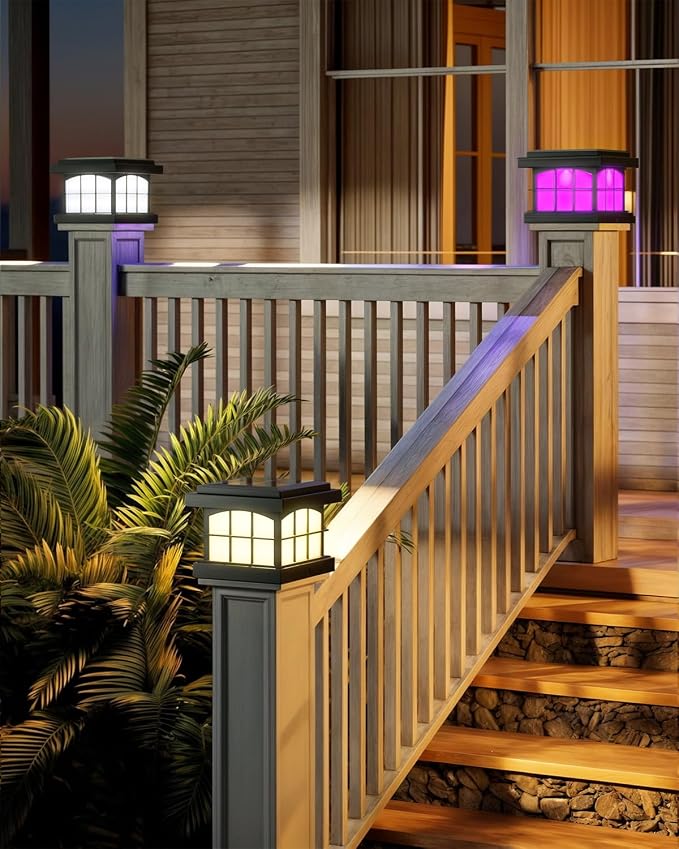 RGBCW Solar Post Cap Lights 2-Pack, 9 Colors 3 Modes Fence Cap Lights, Bright Solar Outdoor Waterproof LED Deck Lighting for Fence Garden Deck Patio Porch Decor 4x4 Vinyl/Wood, Black