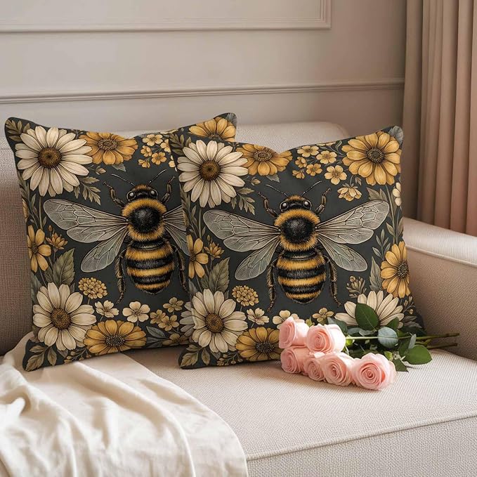 Outdoor Pillow Covers Waterproof, Bee Flowers Decorative Square Throw Pillowcases Patio Cushion Covers for Tent/Garden, 20" x 20" 2 Pack, Retro Country Animals Botanical Floral Plants