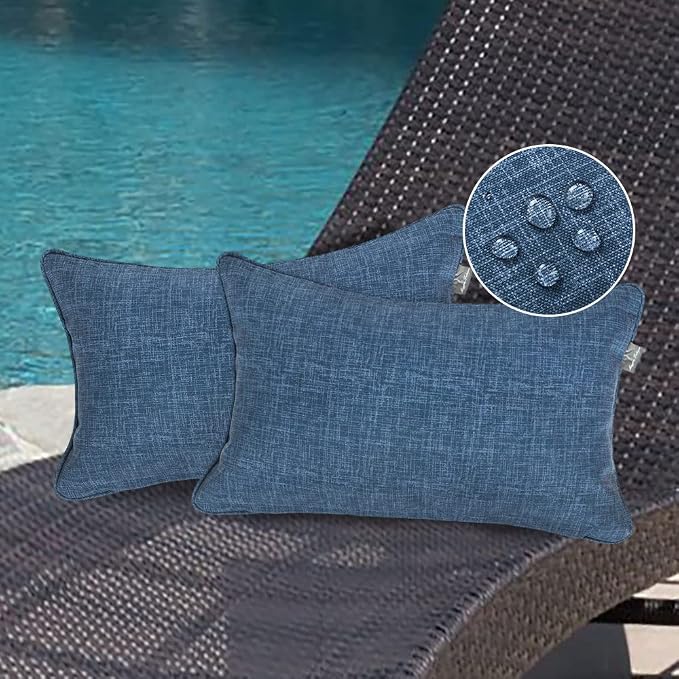 Magpie Fabrics Pack of 2 Outdoor Waterproof Lumbar Rectangular Throw Pillow with Insert 12x20 Inch, Home Decorative Toss Cushion for Patio Garden Car Office (Navy Textured)