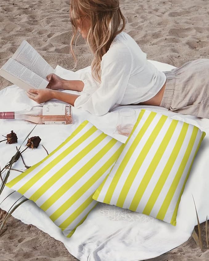 Lumbar Throw Pillow Covers 12x20 Outdoor Waterproof Pillow Covers for Patio Furniture Yellow and White Stripes Throw Pillow Cover Solid Striped Pillowcases Set of 2 Cushion Case for Sofa Couch Chair