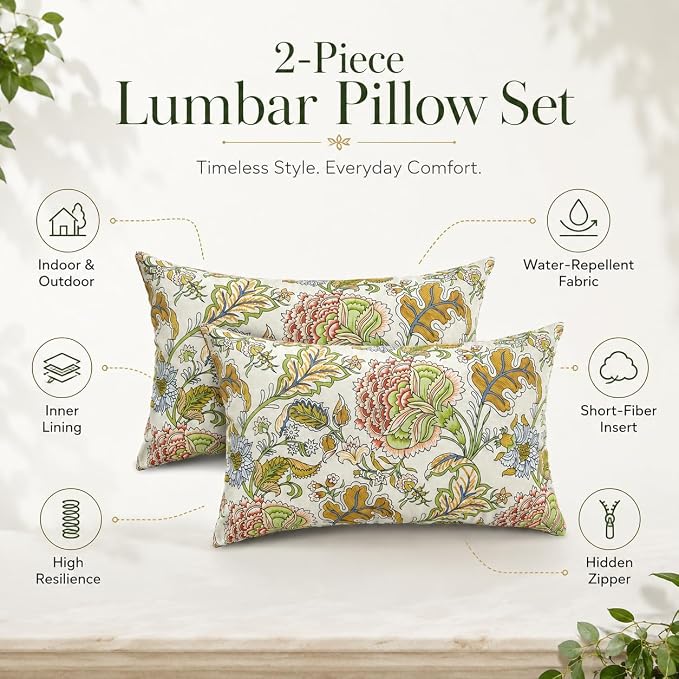 Outdoor Lumbar Pillows 12x20, 2 Pack with Inserts,Yellow Floral | 2-Pack 12x20 Outdoor Lumbar Pillows with Inserts, Water-Repellent Covers, Hidden Zippers, Plump Comfort for Patio & Sofa