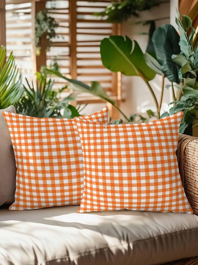 Outdoor Waterproof Throw Pillows Orange Buffalo Plaid Patio Pillows Pack of 2,Decorative Pillow Covers with Insert,Pillow Cushion Case for Garden Couch Sofa Classic Gingham Check Watercolor