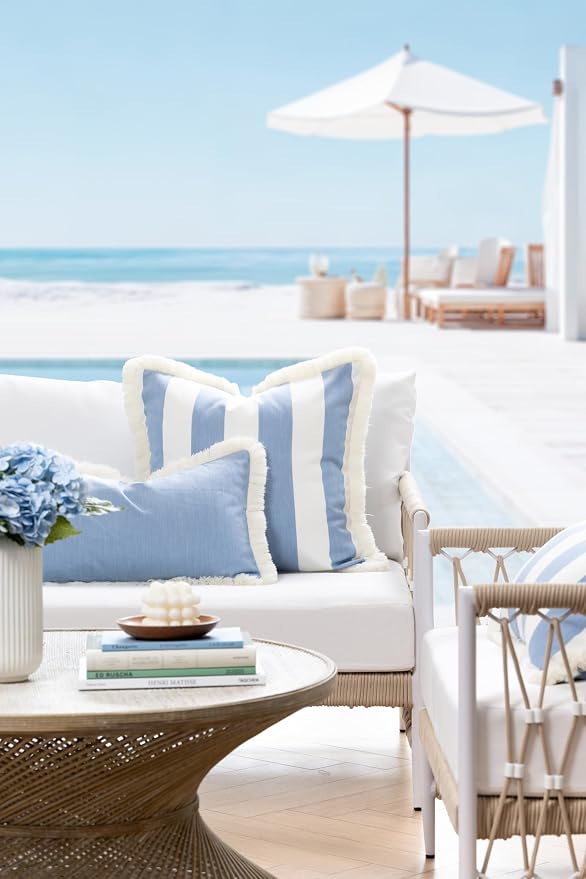Hofdeco Premium Coastal Hampton Outdoor Performance Lumbar Pillow Cover Only, 12"x20" Water Repellent, UV and Fade Resistant for Backyard, Couch, Poolside, Azure Blue Woven Solid