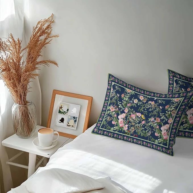 Vandarllin Outdoor Throw Pillows Covers 20x12 inch Set of 2 Waterproof Pink Floral Bird Decorative Zippered Cushion Covers for Patio Furniture, Green Leaves Branches Navy Blue Lumbar Pillowcases