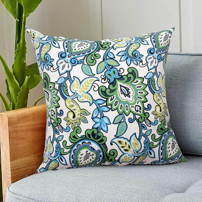 Magpie Fabrcis Pack of 2 Outdoor Waterproof Throw Pillow with Insert 18 x 18 Inch, Christmas Decorative Back Cushion Pad for Garden Patio Tent Balcony Couch Sofa(Floral Blue Green)