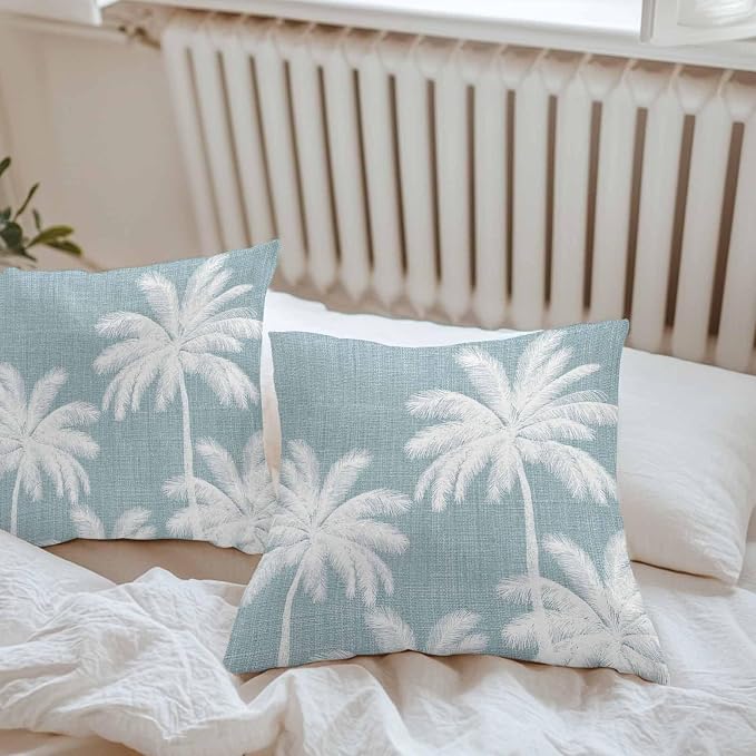 Outdoor Pillow Covers 24x24 Inch Set of 2, Grey Blue Palm Trees Waterproof Throw Pillow Covers, Farmhouse Tropical Summer Beach Decorative Cushion Pillowcases for Couch, Sofa, Bed, Garden, Patio