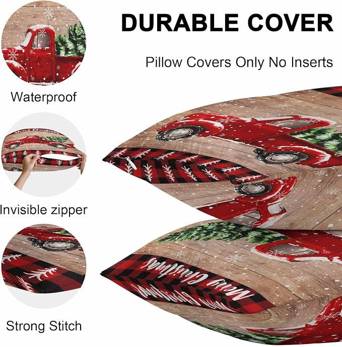 YOKOU Outdoor Throw Pillow Covers, Merry Christmas Truck Tree Vintage Board Wood Grain Buffalo Check Waterproof Pillowcases Cushion Covers Cases for Patio Couch Bench, Pack of 2 Rectangle, 20"X12"