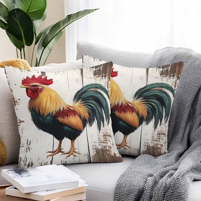 Vintage Rooster Outdoor Waterproof Throw Pillow Covers 20x20 Set of 2, Retro Farmhouse Rooster Watercolor Decorative Pillowcases Cushion Pillowcase for Couch Sofa Patio Outside Pillow Protector