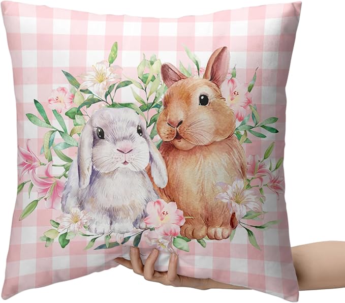 Spring Easter Pillow Covers 24x24 Pack of 2 Lovely Rabbit with Lily Flower Throw Pillow Covers Pink Plaid Bunny Pillow Case for Spring Easter Decoration Sofa Patio Garden