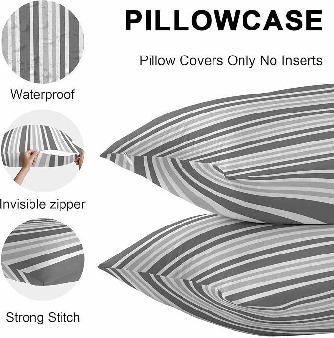 Grey Stripe Outdoor Pillow Covers 18x18 Inch Throw Pillow Covers Set of 2 Waterproof Decorative Pillow Cases Farmhouse Minimalist Striped Cushion Covers for Patio Furniture Garden Couch Sofa