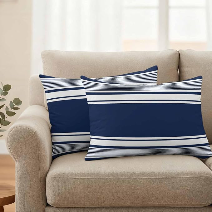 Vandarllin Outdoor Throw Pillows Covers 20x12 inch Set of 2 Waterproof Navy Blue Stripes Decorative Zippered Cushion Covers for Patio Furniture, Striped Lines Lumbar Pillowcases