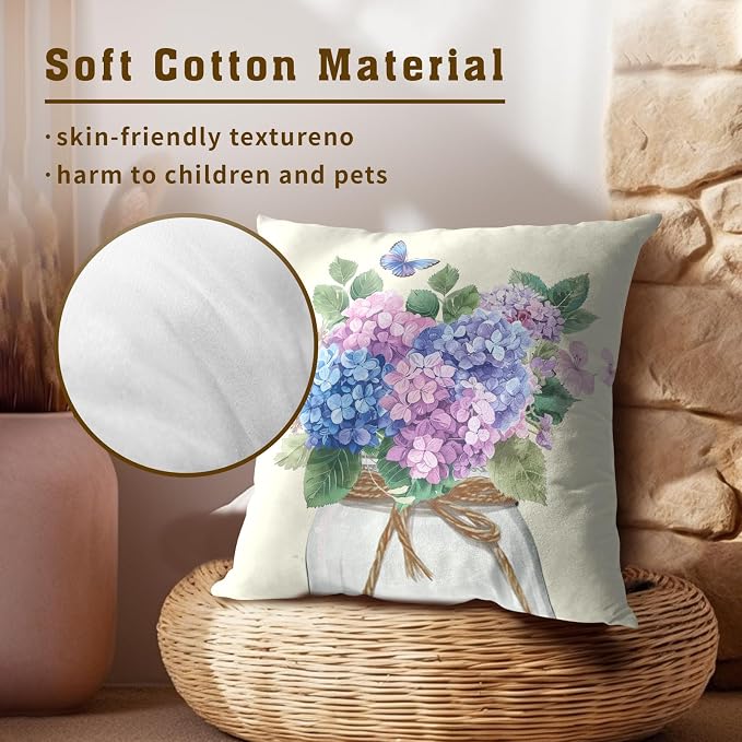 Hydrangea Flower Throw Pillow Cover Set of 2 20x20 Inch Vintage Blue Purple Floral Jar Watercolor Decorative Couch Pillow Cushion Case for Outdoor Patio Living Room Bedroom Decor
