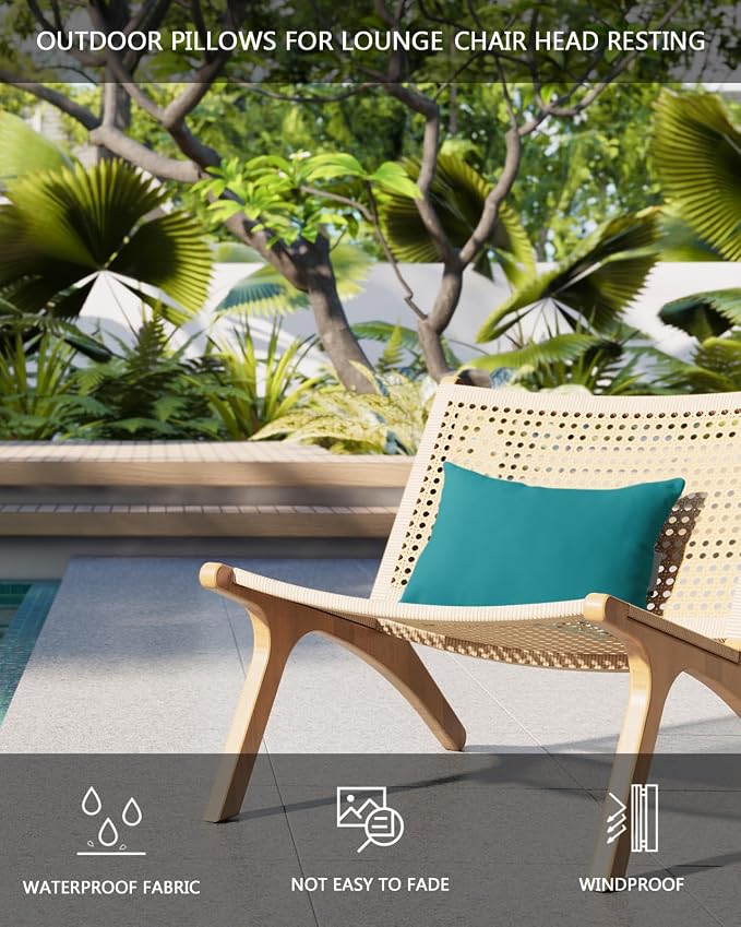 DecorLovee Teal Outdoor Recliner Pillows for Head, Modern Pure Teal Waterproof Chair Pillow with Elastic Stripe, Farmhouse Chaise Lounge Headrest Pillow for Patio/Beach/Pool 1Pack, 11"x16"