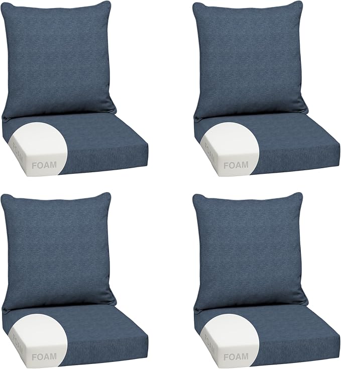 Arden Outdoor Deep Seat Cushion Set, Foam, 4-Pack, 24x24, Denim Alair | Olefin Fabric, Sofa, Couch, Conversation Set, Premium High-Density Foam, Never Flattens, Mold and Mildew Resistant