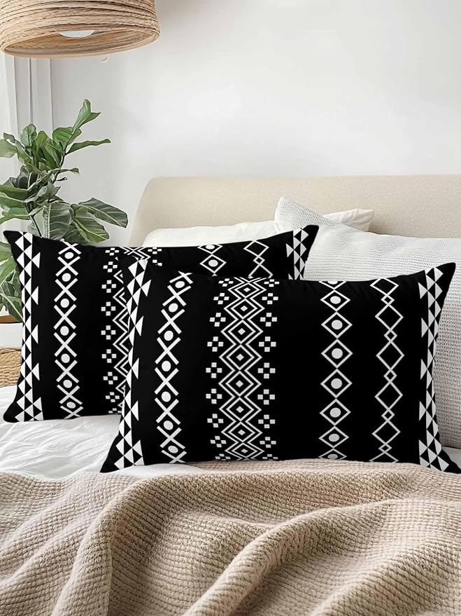 Outdoor Waterproof Throw Pillows 12x20in, Traditional Tribal White Diamond Patio Pillows Pack of 2, Decorative Pillow Covers with Insert, Pillow Cushion Case for Garden Boho Geometric on Black