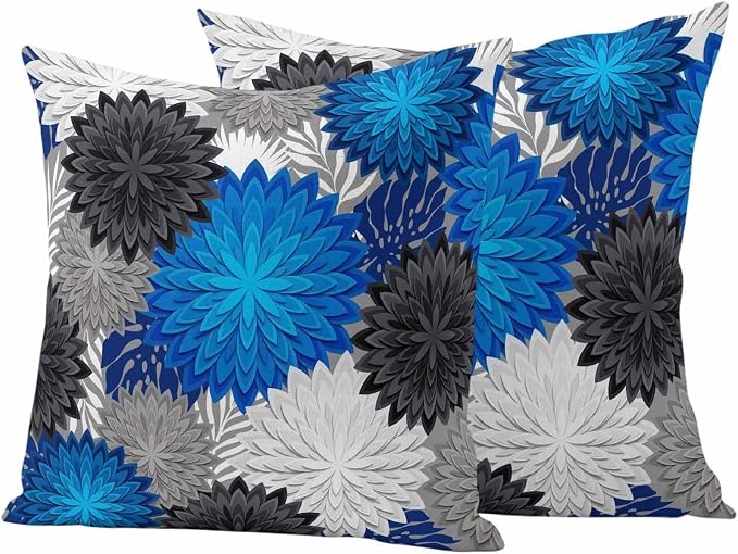 Blue Black Grey Flowers Outdoor Pillow Covers Waterproof, All Weather Cushion Case Set of 2, Boho Colorful Floral Plant Decorative Pillowcases for Sofa Couch Bed Decor Patio Furniture 20"x20"