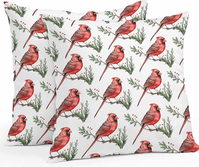 YOKOU Outdoor Waterproof Throw Pillow Covers, Christmas Red Bird on Pine Branches Berries Cardinal Pillowcases Cushion Covers Cases for Patio Couch Bench, Pack of 2 Square, 18X18 Inch