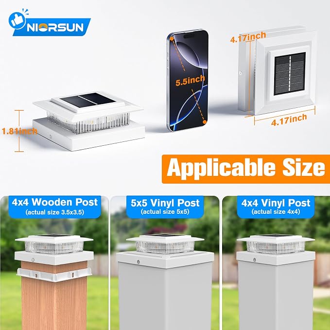 NIORSUN 4x4 Post Solar Lights Color Changing,Solar Post Light, 6 Pack White | RGB Solar Post Cap Lights for 4x4 Post Caps Wood Vinyl,5x5 Vinyl,IP44 Waterproof Fence Post Solar Lights Outdoor for Deck