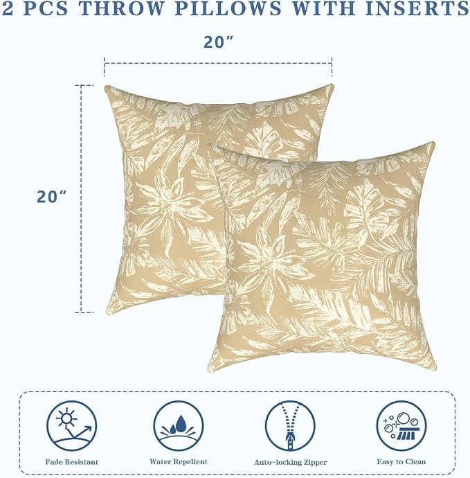 LVTXIII Outdoor Pillows 20x20 Inch, 2 Pack Large Decorative Square Throw Pillows with Inserts for Couch, Bed, Floor Seating, Patio Furniture, Tropical Leaf Oat