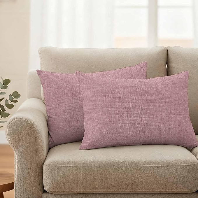 Outdoor Waterproof Throw Pillow Covers Set of 2 Pink Linen Lumbar Pillowcases 20x12 Inches Farmhouse Pure Color Decorative Pillows Cushion Case Patio Pillows for Couch Bed Chair Garden