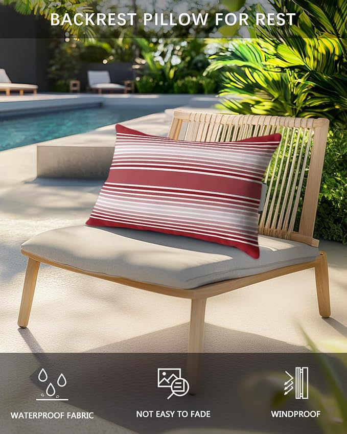 Pack of 4 Outdoor Lumbar Pillow Covers 11x16 Inch, Red Striped Waterproof Throw Pillow Covers Set, Red Ombre Farmhouse Stripes Indoor&Outdoor Decorative Cushion Cases for Patio Porch Car