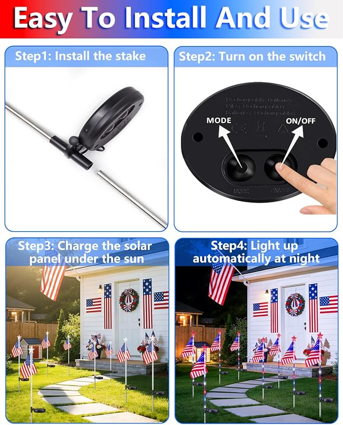 8 Pack American Flag Solar Lights Outdoor, 4th of July Decorations Lights | 2 Modes Red White and Blue Star Lights Waterproof, Solar Patriotic Outdoor for Independence Memorial Day Garden Yard Pathway