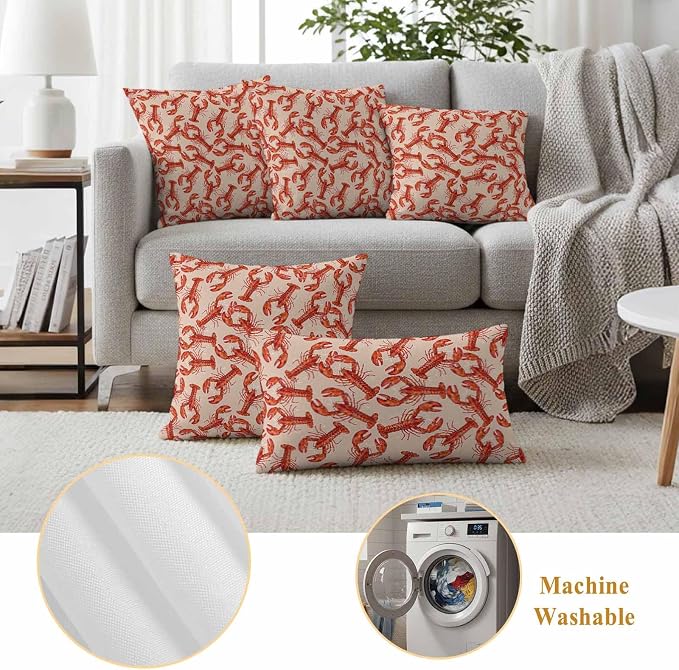Summer Marine Life Outdoor Waterproof Throw Pillow Covers 18"x18" Set of 2, Farmhouse Red Lobster Decorative Garden Pillowcase with Zipper Cushion Case for Patio Couch Tent