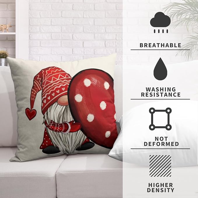 Set of 2 Valentine Pillow Covers 16x16 Valentines Gnome Cotton Linen Throw Pillow Covers Red Polka Dots Love Heart Pillow Cases for Chair Sofa Bedroom