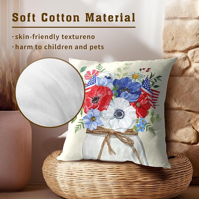 4th of July Flowers Pillow Covers 20x20 Inch, 2Pcs Blue Red Poppies with American Flag Pillow Case Independence Memorial Day Decorative Cushion Cover for Sofa Bed Couch