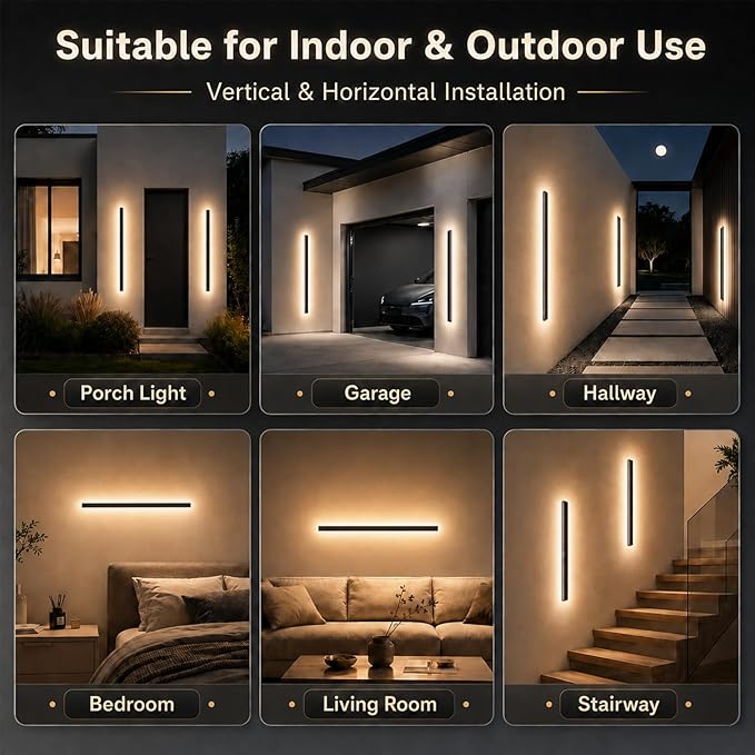 Outdoor Wall Lights, 2 Pack 79 Inch Black LED Exterior Light Fixtures Wall Mount, Modern Outdoor Lights Exterior Sconce 3000K Long Strip Wall Lamp Outside Lighting for Garage, House