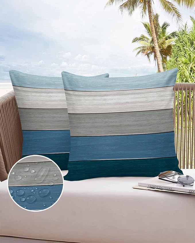 Outdoor Throw Pillow Covers 26X26 Set of 2 Waterproof Ombre Blue Gray Decorative Zippered Cushion Covers for Patio Furniture, Farmhouse Retro Rustic Barn Wood Texture Lumbar Pillowcases Ocean Hues
