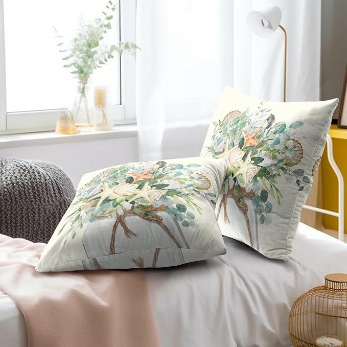 Summer Eucalyptus Coastal Pillow Covers 22x22 Set of 2 - Beach Starfish Flowers Jar Seasonal Decorative Cushion Cover Cotton Linen Pillowcase for Living Room Bedding Sofa Couch