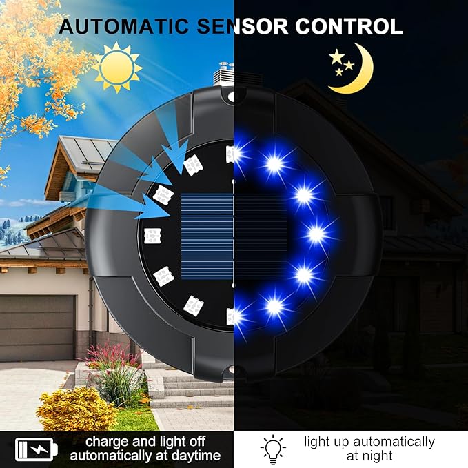 Solar Ground Lights 12 Pack, 4.3" Bright Blue 16 LEDs Solar Pathway Lights | Solar Deck Light with Uplights and Sidelights, Outdoor Waterproof for Yard Walkway Garden Poolside Driveway Decoration