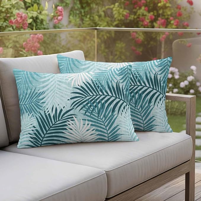 Outdoor Waterproof Throw Pillow Covers, Teal Palm Leaves Decorative Pillow Cases, Summer Botanical Tropical Leaf Couch Pillow Protector Patio Sofa Cushion Covers Replacement 20"x12" 2 Pack