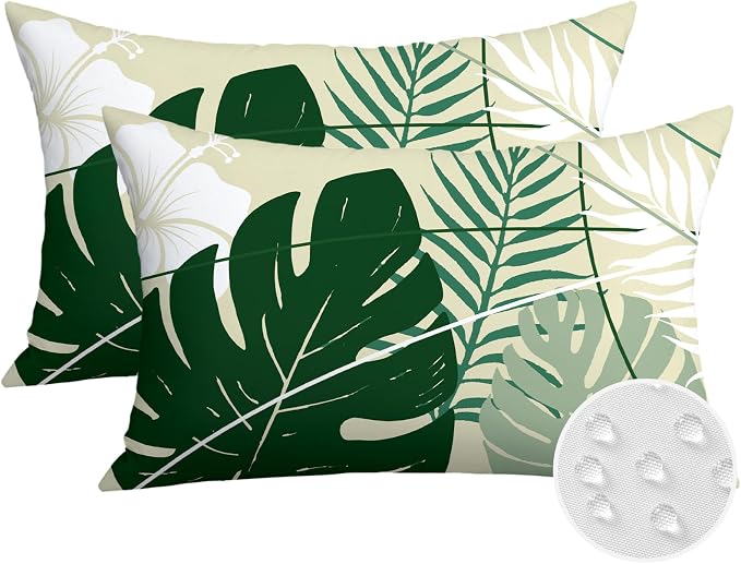 OTOSTAR Outdoor Waterproof Throw Pillow Covers 12x20 Inch Set of 2 Double-Sided Green Tropical Leaf and Flower Spring Summer Decorative Pillow Cases for Patio Funiture Garden Balcony Couch