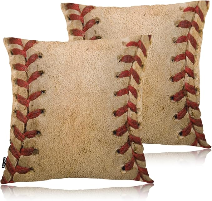 Swono Pillow Covers 18X18 Inch Set of 2 Baseball Throw Pillow Cases Sport Leather Baseball Worn Ball Pillowcase Cushion Cover Decorative for Indoor Outdoor Home Sofa Bedroom Livingroom, Brown