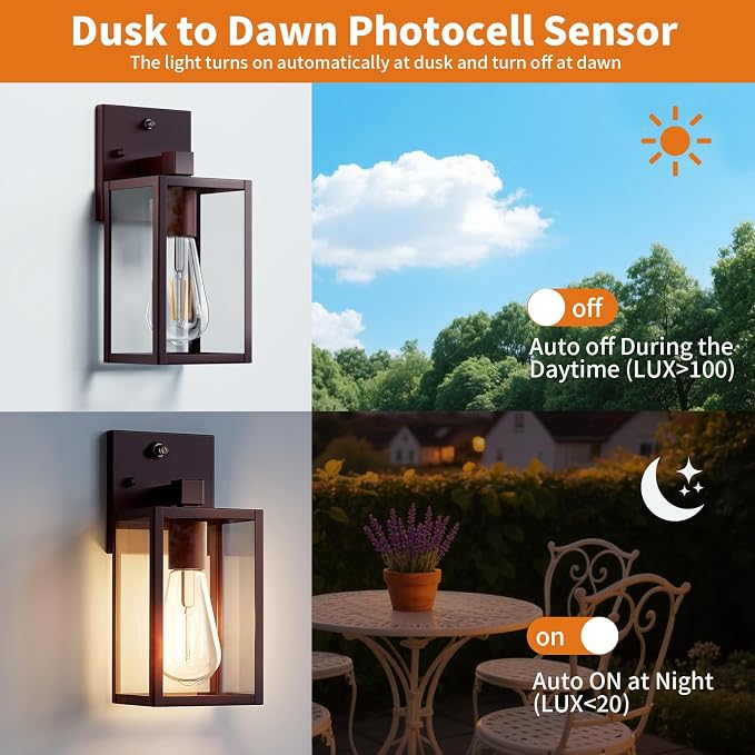 2 Pack Oil Rubbed Bronze Dusk to Dawn Outdoor Lantern Lamp Wall Mount, Sensor Exterior Lighting Fixtures, Outside Porch Lights for House, Waterproof Wall Sconce Lights, Coach Light for Garage Entryway