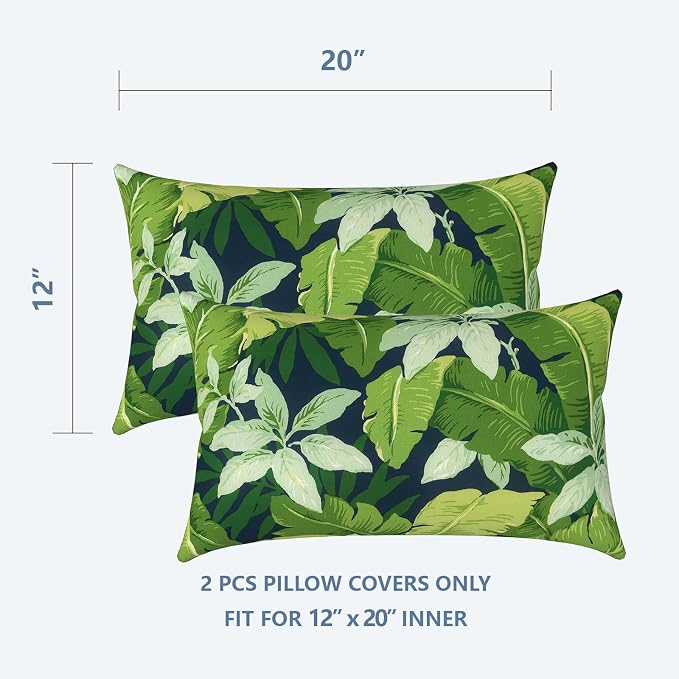 LVTXIII Outdoor/Indoor Lumbar Pillow Covers ONLY, Decorative Patio Lumbar Cushion Covers, Fluffy Water Repellent Cushion Cases for Home Patio, 12x20 Inch, Pack of 2, Jungle Leaves