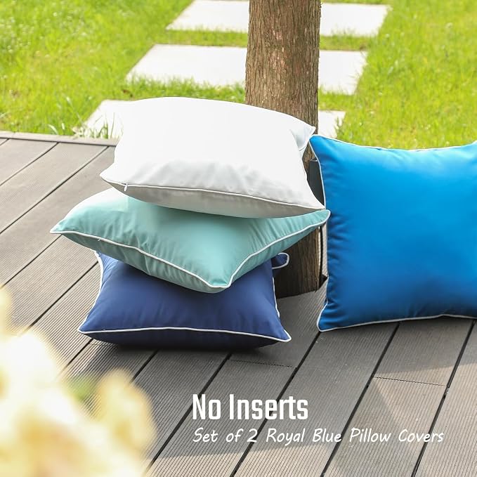 JOJOGOGO Royal Blue Outdoor Pillows Waterproof Throw Pillow Covers 18x18 Set of 2, Lake Blue Outdoor Patio Pillows Cushion Covers 18 x 18 for Couch Bench and Porch Swing (with White Piping)