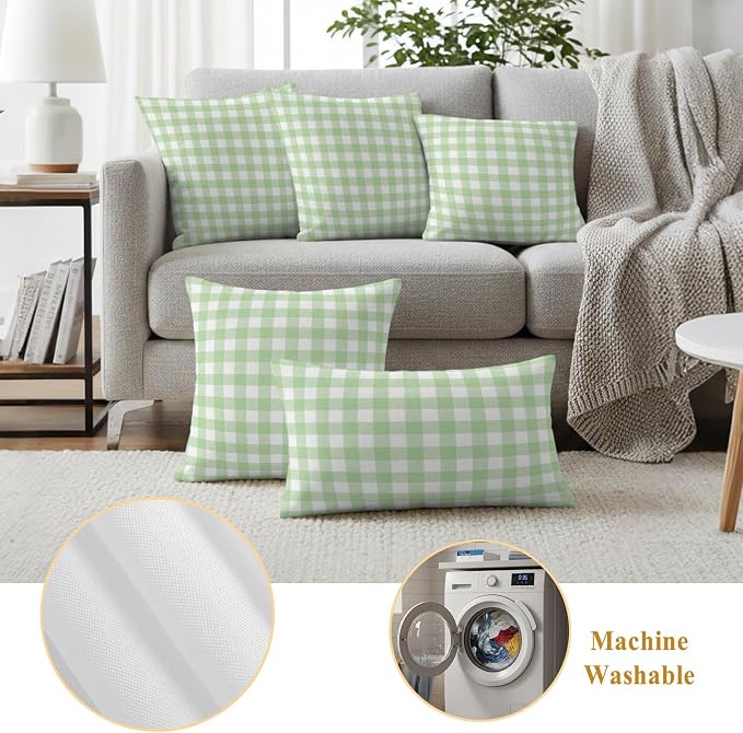 Mint Green Checks Outdoor Pillow Covers 26"x26" Set of 2, Gingham Plaid Abstract Modern Minimalist Waterproof Throw Pillow Covers for Patio Furniture, Decorative Cushion Covers for Porch